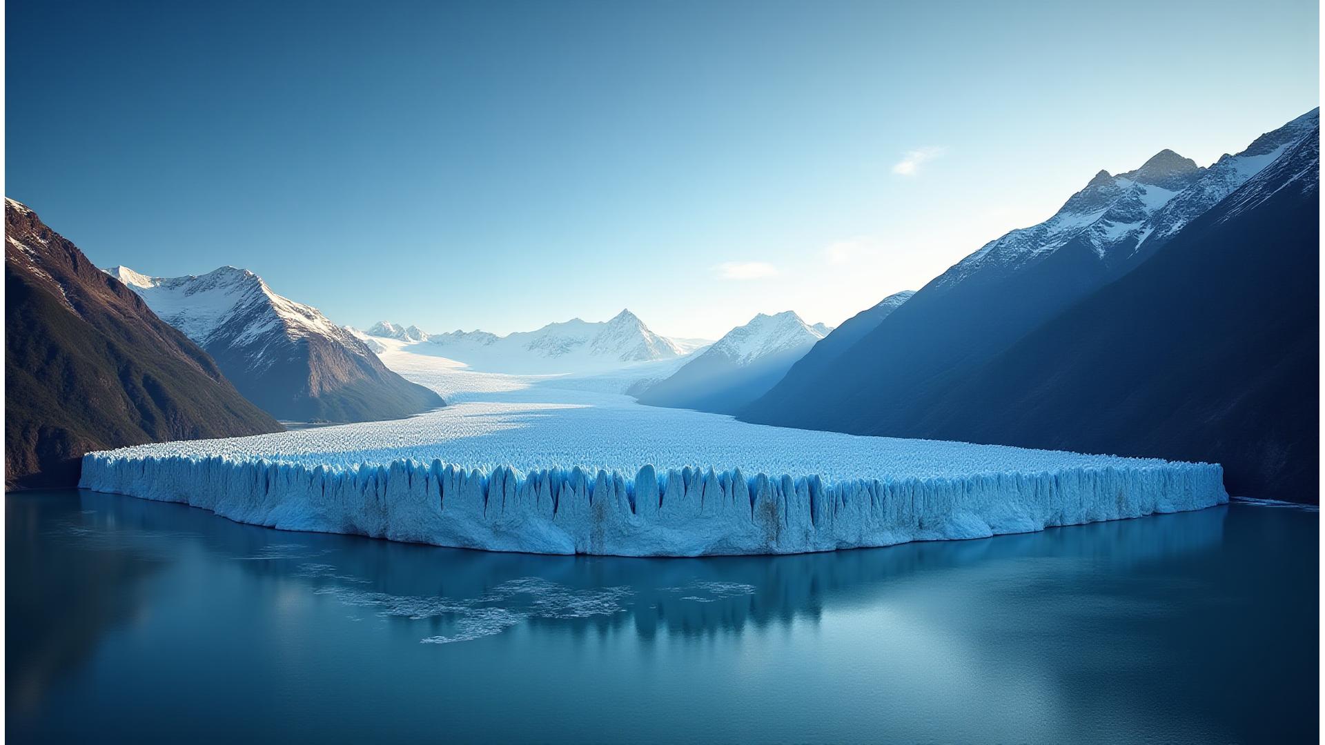 Panoramic view of the majestic Canadian Rockies with a pristine, vast glacier under a clear blue sky, evoking a sense of awe and conservation.