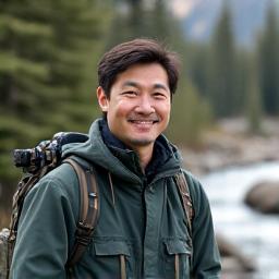 Smiling portrait of Kai Chen, Permafrost Path Naturalist and Photography Instructor, with a mountain stream in the background.