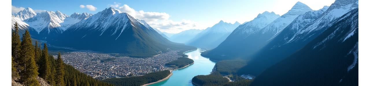 An overhead view of the town of Banff nestled amidst towering, snow-capped Canadian Rockies mountains, with a clear turquoise river running through it.