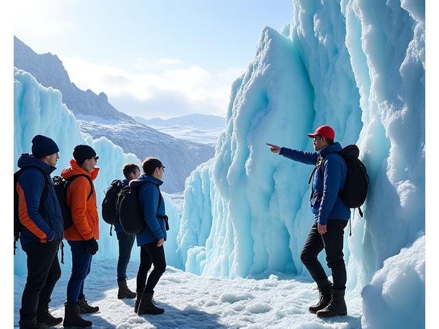 A guide pointing to distinct layers of ice and moraines on a glacier, explaining glaciology to an engaged group of trekkers.