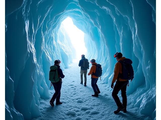 A small group of explorers carefully examining a pristine ice cave wall, demonstrating responsible tourism.