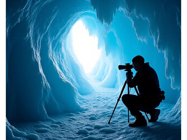 A photographer with a tripod setting up a shot inside a beautifully lit ice cave, capturing blue ice details.