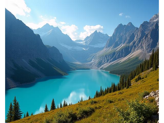 Panoramic view of a turquoise glacier lake surrounded by towering mountains and an adventure group hiking in the distance during a multi-day expedition, evoking grandeur and adventure.