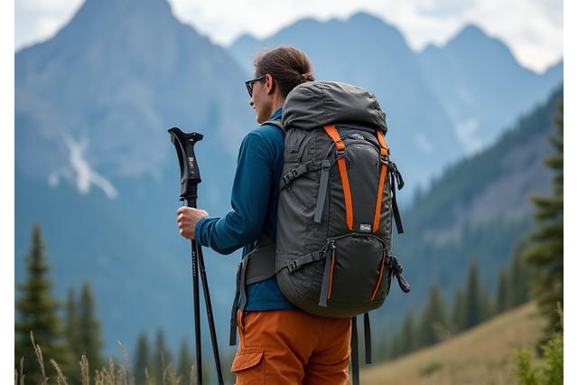 A prepared hiker adjusting backpack straps with trekking poles, surrounded by professional outdoor gear, focused on the path ahead in stunning mountain scenery, conveying readiness and professionalism.