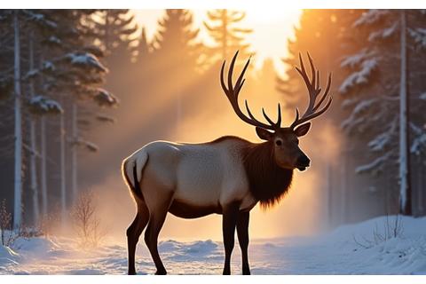 A majestic elk standing in a snowy forest, steam rising from its breath, in the golden hour light of a winter morning in Banff.